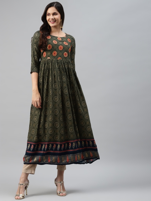 

Nehamta Women Olive Green & Gold Bandhani Yoke Design Anarkali Kurta