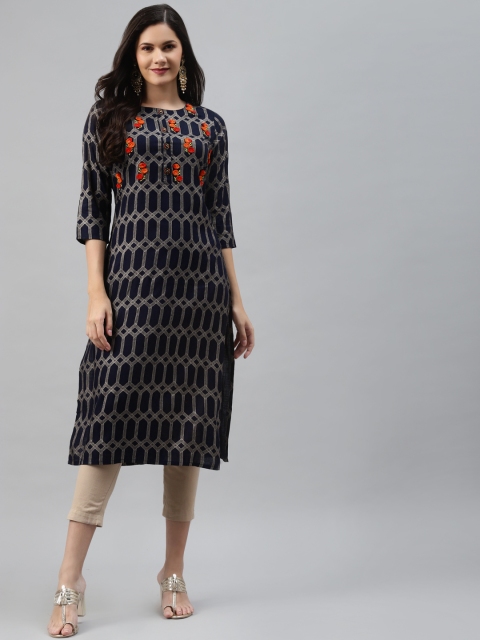 

Nehamta Women Navy Blue & Golden Geometric Foil Print Straight Kurta