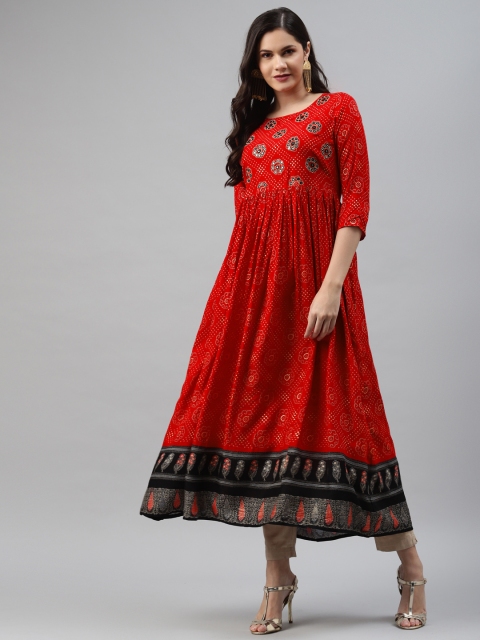 

Nehamta Women Red & Golden Bandhani Printed Anarkali Kurta