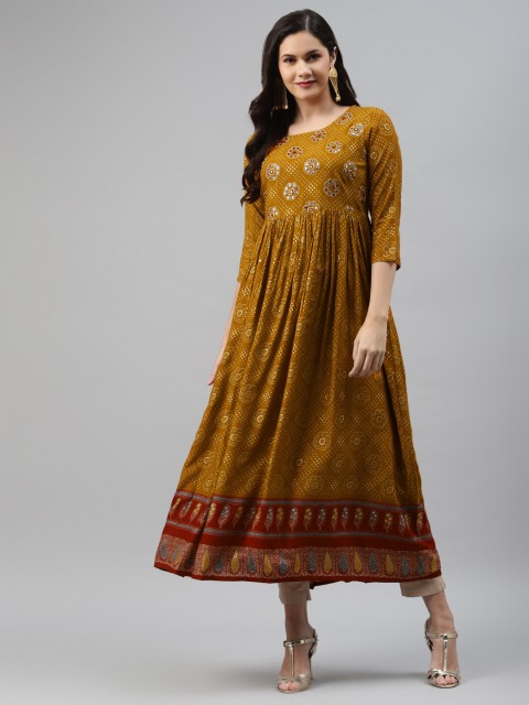 

Nehamta Women Mustard Brown & Golden Bandhani Printed Anarkali Kurta