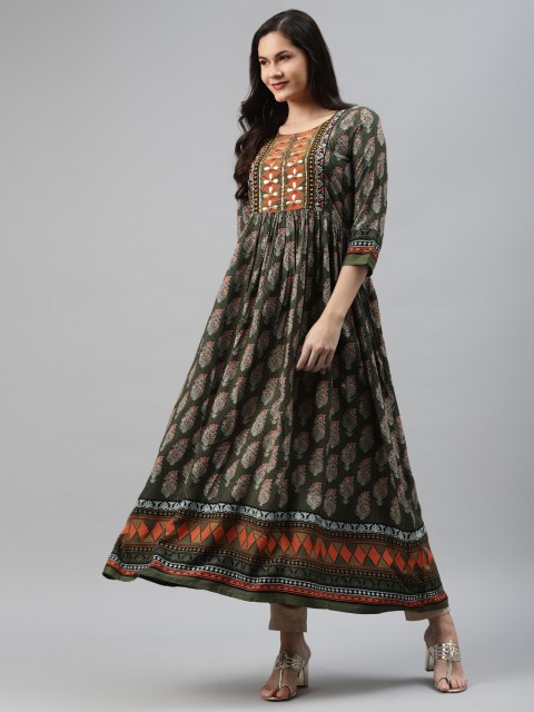 

Nehamta Women Olive Green & Orange Ethnic Motifs Printed Anarkali Kurta