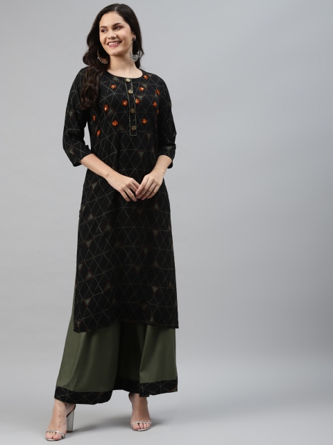 

Nehamta Women Black & Olive Green Geometric Print Kantha Work Straight Kurta with Palazzos