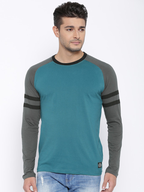 

CULT FICTION Teal Blue & Grey Colourblocked Comfort Fit T-shirt
