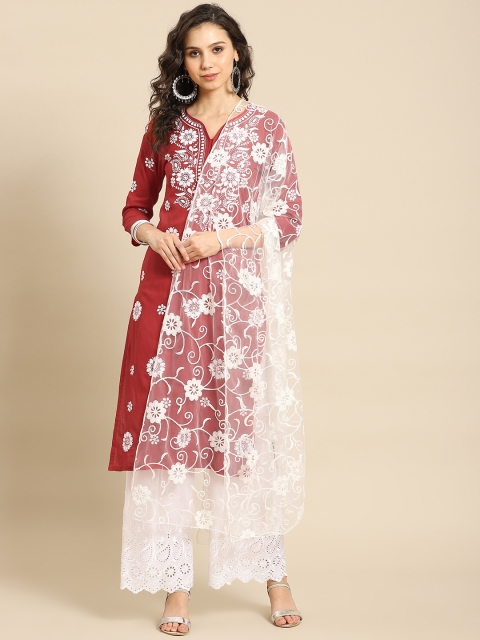 

Saadgi Women Red & White Motifs Aari Work Cotton Handloom Kurta with Palazzos & Dupatta