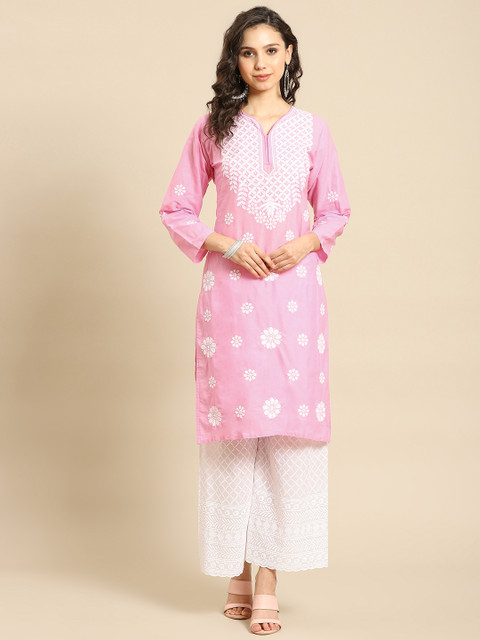 

Saadgi Women Pink & White Motifs Embroidered Cotton Handloom Straight Kurta with Palazzos