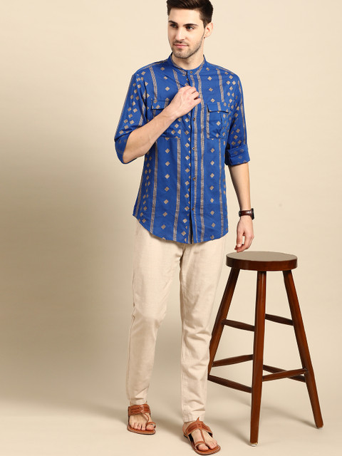 

Anouk Men Blue & Golden Printed Pure Cotton Casual Shirt