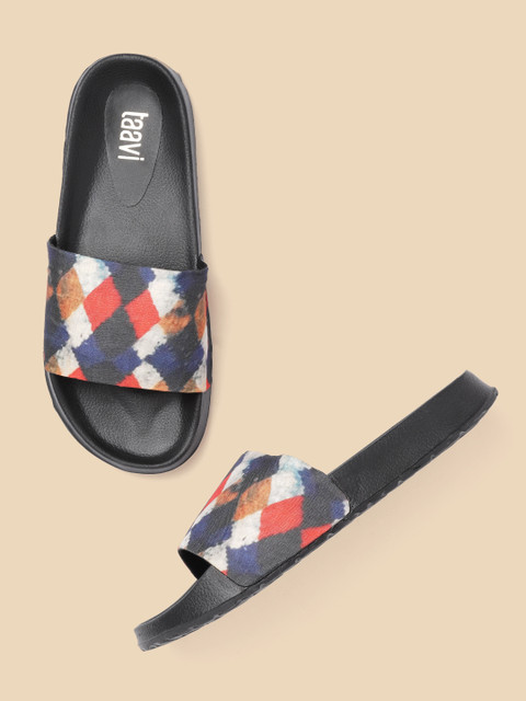 

Taavi Women Red & Navy Blue Geometric Printed Open Toe Flats