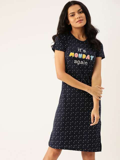 

MADAME M SECRET Women Navy Blue & White Polka Dots Print Sleep Shirt