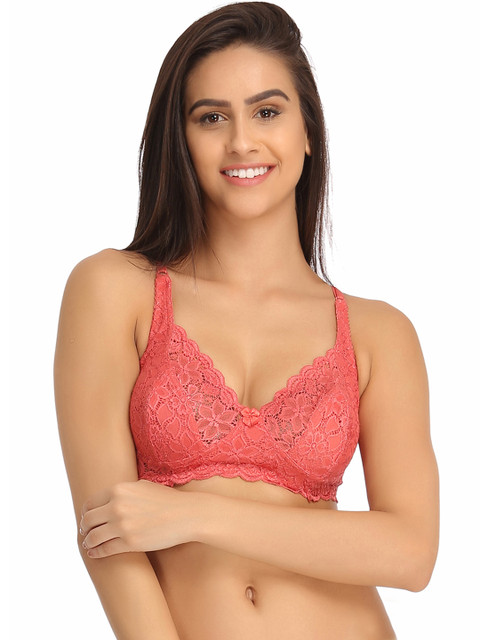 

Clovia Lace Non-Padded Wirefree Full Cup Bridal Bra - Coral