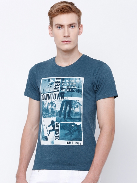 

LOCOMOTIVE Men Teal Blue Printed Round Neck T-shirt