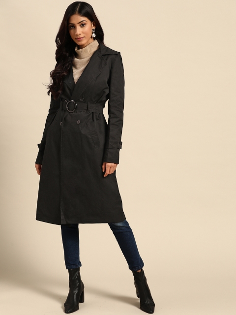 

all about you Women Black Solid Pure Cotton Longline Overcoat with Belt