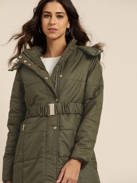 

all about you Women Olive Green Solid Faux Fur Trim Parka Jacket with Belt