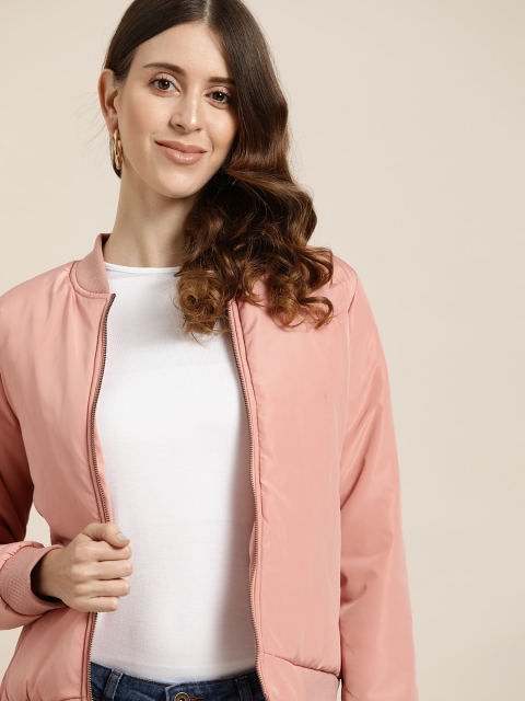

all about you Women Peach-Coloured Solid Bomber Jacket