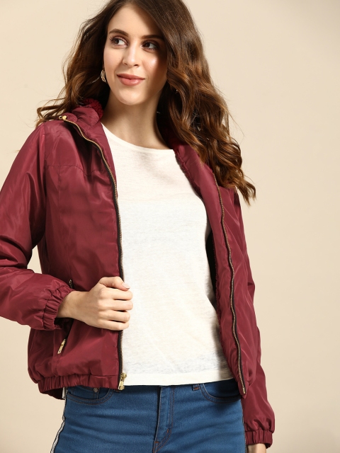 

all about you Women Maroon Solid Padded Hooded Jacket