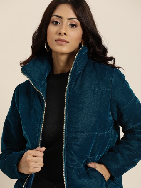 

all about you Women Teal Solid Velvet Jacket