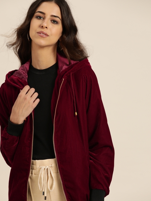 

all about you Women Maroon Solid Velvet Finish Bomber Jacket