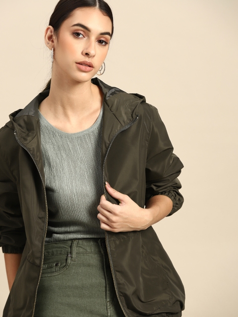 

all about you Women Olive Green Hooded Lightweight Jacket