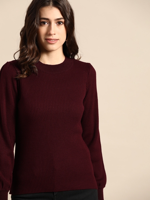 

all about you Women Maroon Ribbed Puff Sleeves Pullover