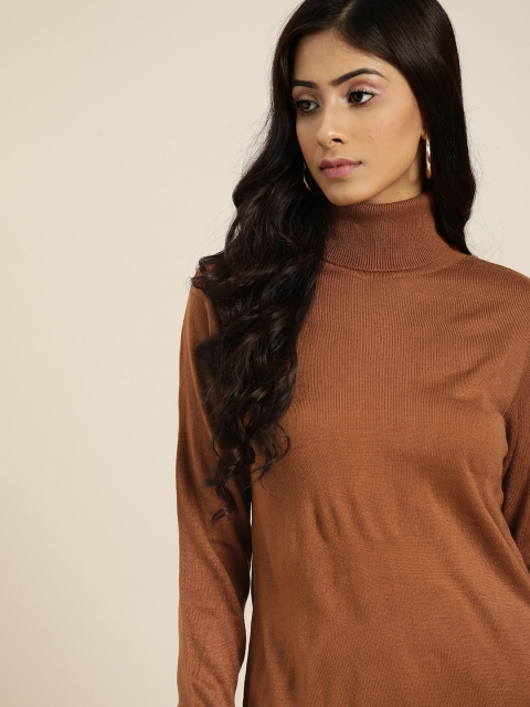 

all about you Women Brown Solid Turtle Neck Pullover Sweater