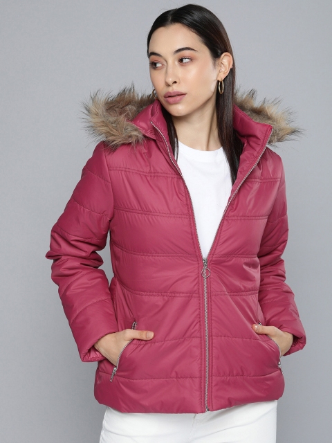 

Chemistry Women Fuchsia Pink Solid Hooded Parka Jacket