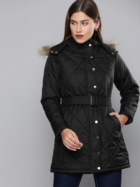 

Chemistry Women Black Solid Detachable Hooded Longline Parka Jacket