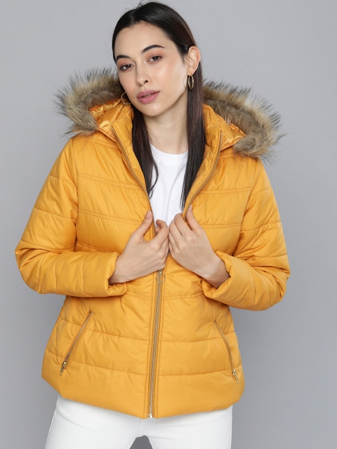 

Chemistry Women Mustard Yellow Solid Hooded Parka Jacket