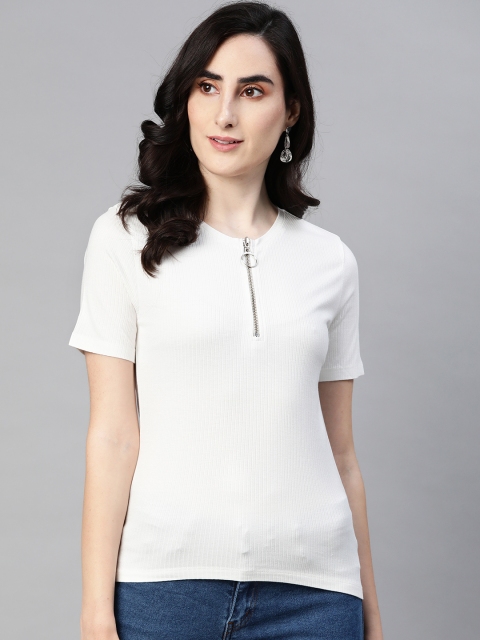 

VividArtsy White Self Striped Fitted Top