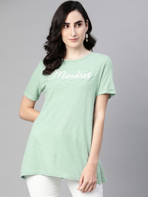 

VividArtsy Women Green & White Typography Embroidered Longline T-shirt
