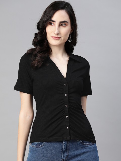 

VividArtsy Women Black Self Striped Casual Shirt