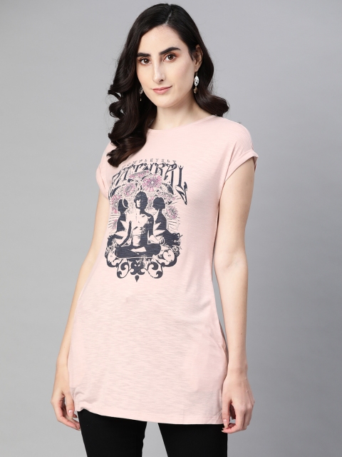 

VividArtsy Women Pink & Navy Blue Printed Longline Extended Sleeves T-shirt