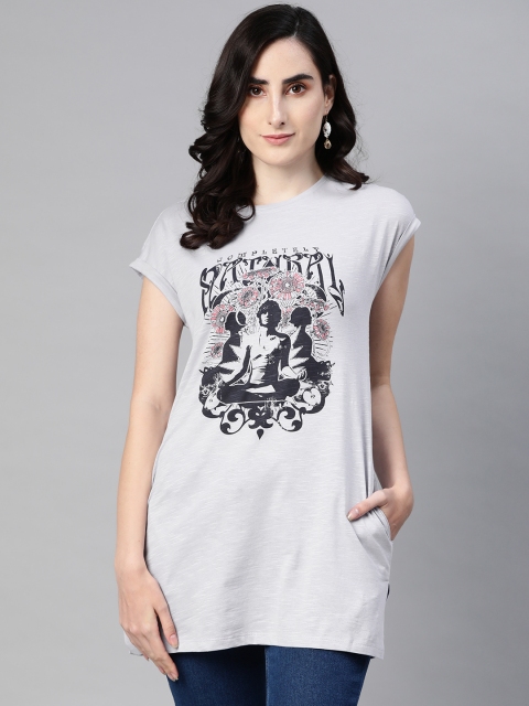 

VividArtsy Women Blue Printed Extended Sleeves Longline T-shirt