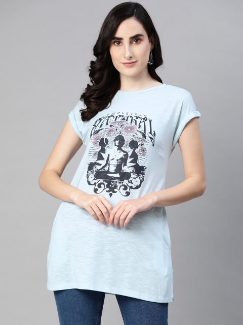 

VividArtsy Women Blue Printed Extended Sleeves T-shirt