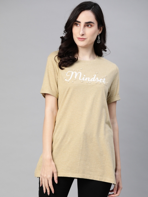 

VividArtsy Women Beige & White Typography Embroidered Longline T-shirt