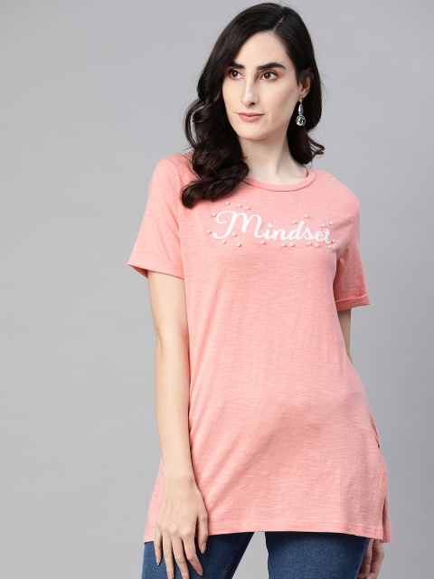 

VividArtsy Women Pink & White Typography Embroidered Longline T-shirt