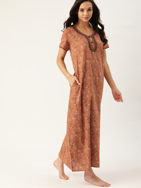 

ETC Brown & White Pure Cotton Printed Maxi Nightdress