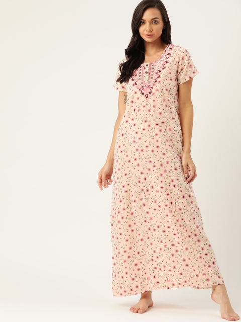 

ETC Peach-Coloured & Pink Floral Print Maxi Nightdress