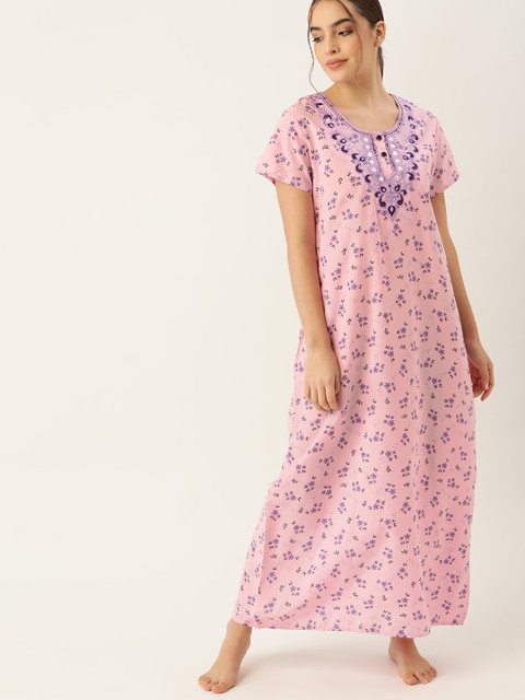 

ETC Women Pink & Purple Floral Print Cotton Embroidered Mirror Work Nightdress