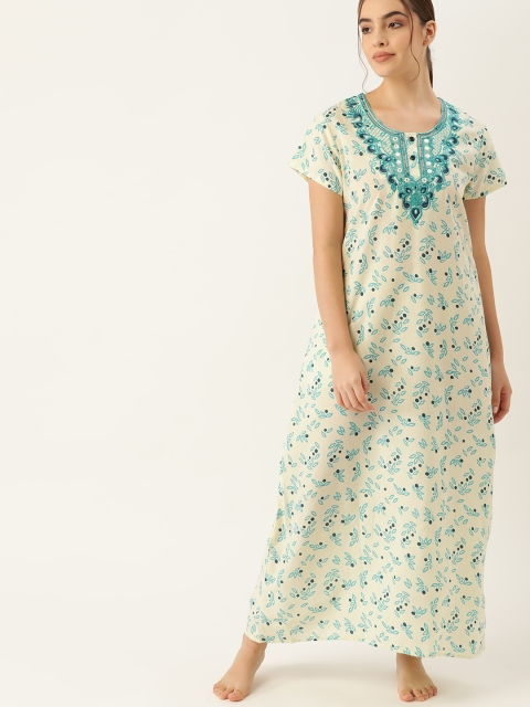 

ETC Women Off White & Blue Ethnic Motifs Print Embroidered Mirror Work Nightdress, Yellow
