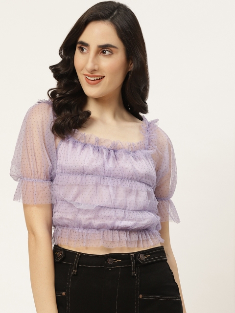 

Trendyol Lavender Black Ruffles Semi Sheer Crop Top