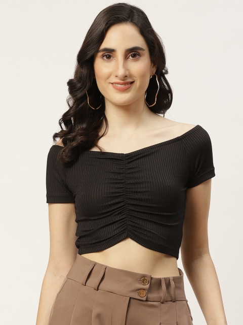 

TRENDYOL COLLECTION Black Solid Off- Shoulder Fitted Crop Top