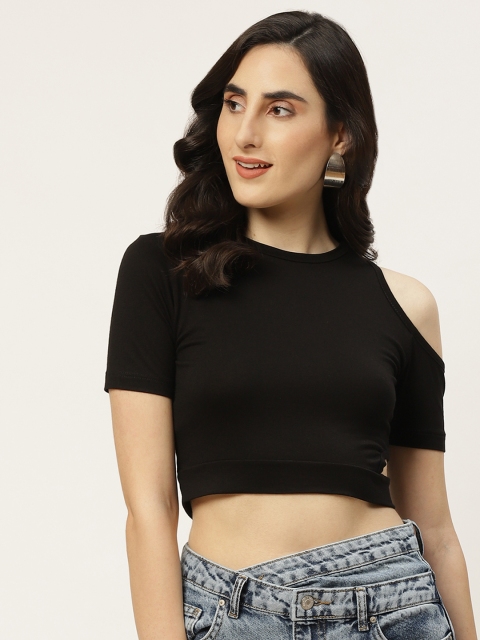 

Trendyol Black Solid Cold-Shoulder Regular Crop Top