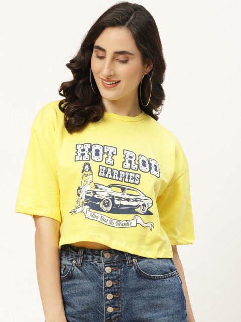 

Trendyol Women Yellow White Cotton Printed Loose Fit Cropped Pure Cotton T-shirt