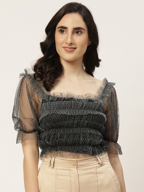

Trendyol Women Black Polka Dots Print Ruffles Fitted Crop Top