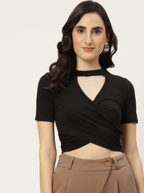 

Trendyol Black Solid Keyhole Neck Wrap Crop Top