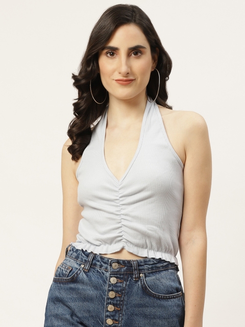 

TRENDYOL COLLECTION Blue Ribbed Halter Neck Ruched Fitted Crop Top