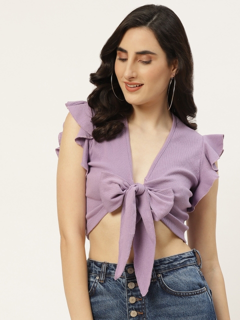 

Trendyol Lavender Solid Bow Detail Cropped Tie-Up Fitted Top