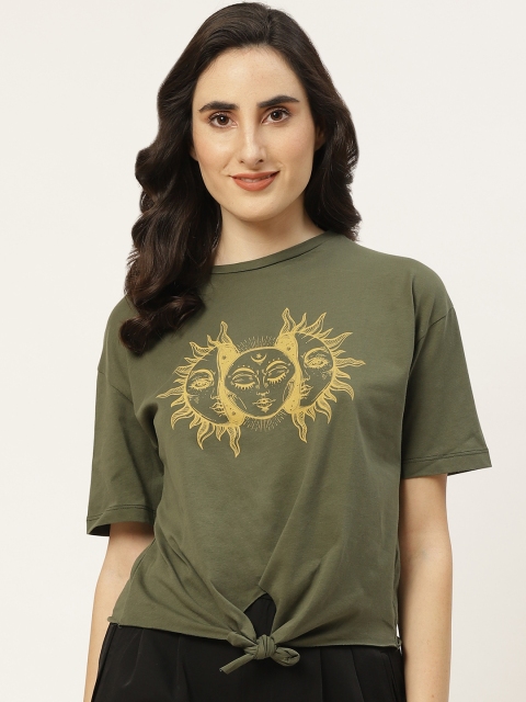 

Trendyol Olive Green Yellow Cotton Waist Tie-Up Detail Printed Top