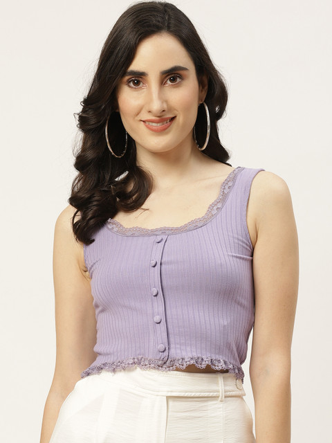 

TRENDYOL COLLECTION Lavender Fitted Crop Top With Lace Inserts