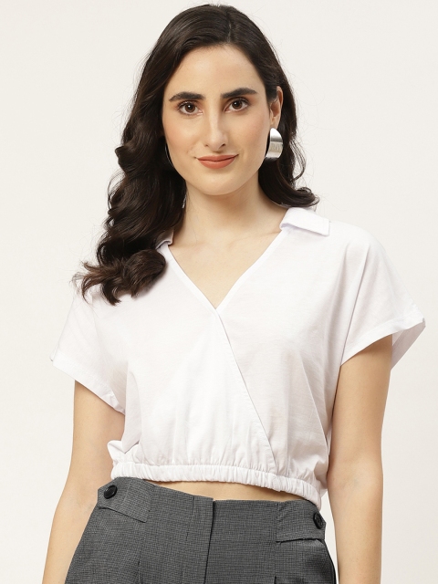 

Trendyol Women White Pure Cotton Solid Crop Wrap Top with Gathered Detail
