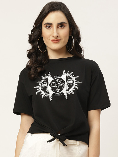 

TRENDYOL COLLECTION Black & White Cotton Waist Tie-Up Detail Printed Top